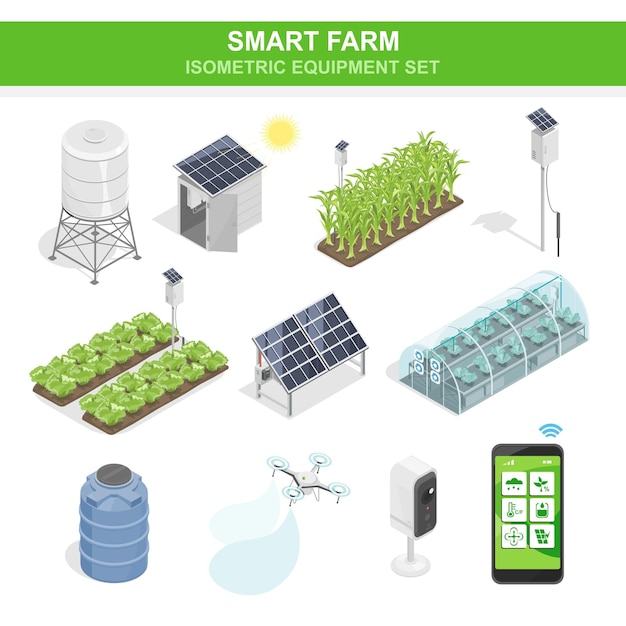 Smart farm iot set pompa dell'acqua a celle solari e attrezzature per sistemi di allevamento di droni agricoli isometrici