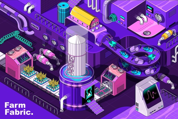 Smart farm web concept in 3d isometric design Monitoring and automated growing crop farming industry Abstract fabric production line in isometry graphic for corporate poster Vector illustration