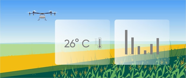 Smart farm con controllo drone azienda agricola visualizzazione dati meteo infografica