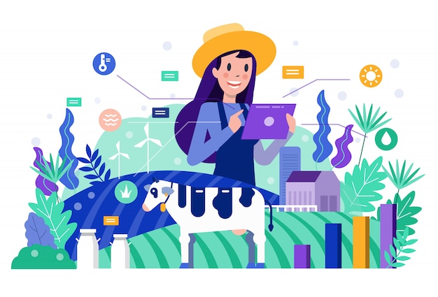 タブレットを使用して牛の農場を監視および管理するスマート農家。
