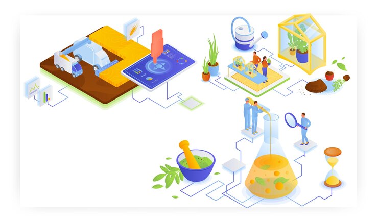 Vector smart farming and biotechnology vector illustration intelligent combine harvester tabletop greenhous