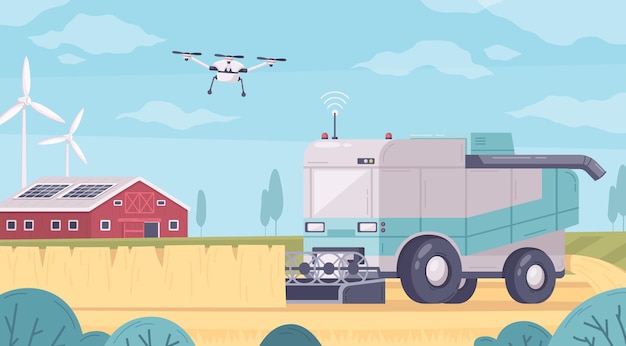 Smart farming cartoon composition with view of agricultural buildings and automated truck on field with quadcopter illustration