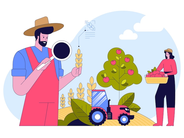 Vector smart farming concept farmer holds magnifier research wheat plant woman picking apples at garden agricultural machinery works in field vector character illustration of innovation at agribusiness