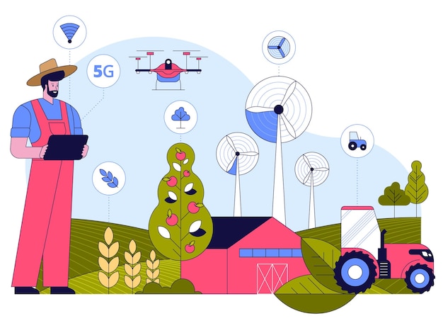 Концепция умного земледелия фермер управляет фермой на планшетном приложении, собирая данные машины работают в поле дроны летают ветряные турбины генерируют энергию векторная иллюстрация характера инноваций в агробизнесе
