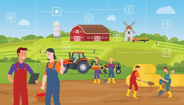 벡터 농부가 태블릿을 사용하고 농장 기술 데이터를 모니터링하는 스마트 농업 개념