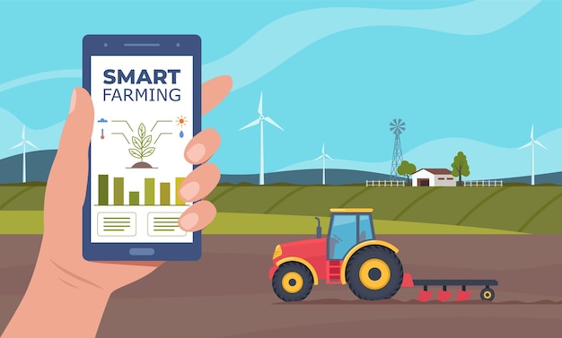 Smart farming futuristic technologies in farm industry Smartphone with app control plants growing