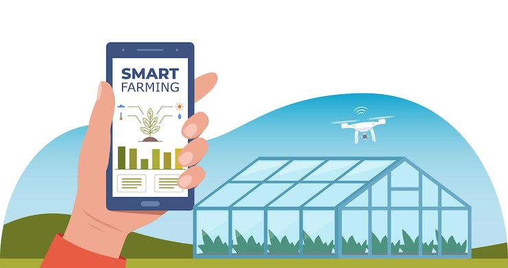 Vector smart farming futuristic technologies in farm industry smartphone with app