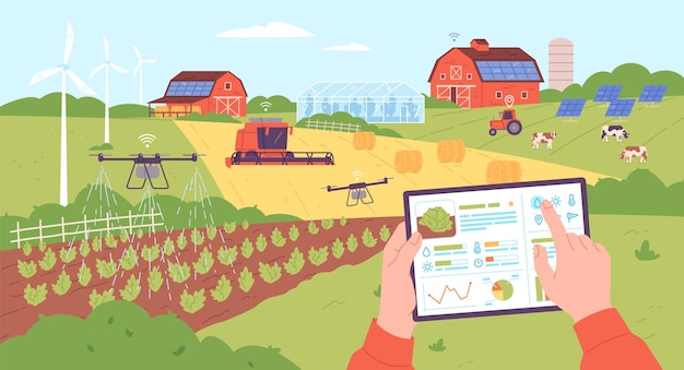 Vector smart farming management digital control agriculture and weather monitoring from internet tablet computer drone iot technology farming equipments garish vector illustration