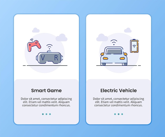Smart game en elektrisch voertuig onboarding sjabloon voor mobiele ui app ontwerp vectorillustratie