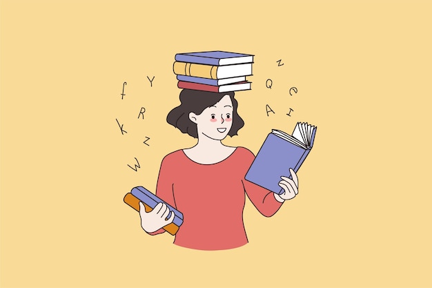 Ragazza intelligente che legge libri che si preparano per l'esame