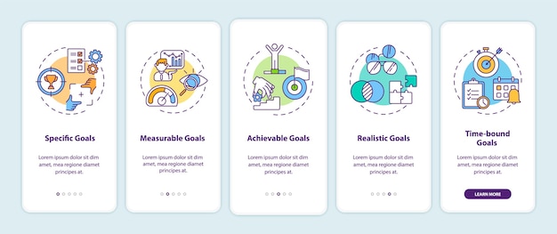 Smart goals definition onboarding mobile app page screen with concepts