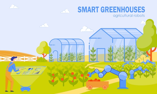 Smart greenhouses agricultural robots cartoon.