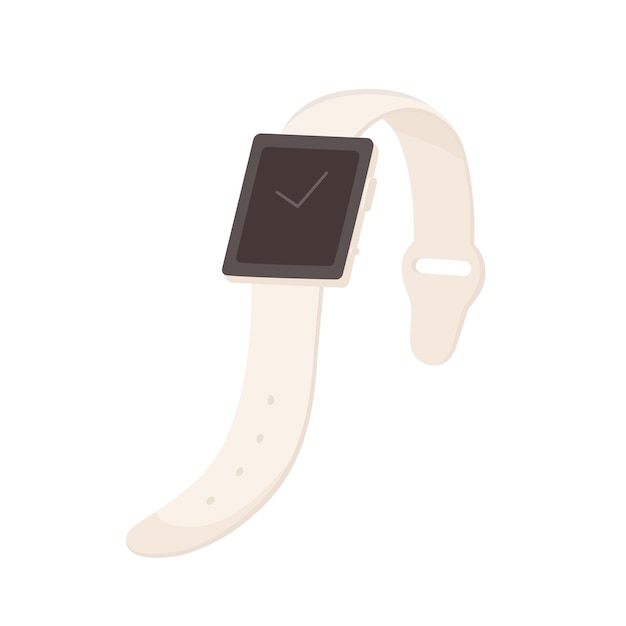 Smart hand watch with black display and leather strap. Wrist clock with square screen and adjustable bracelet. Flat vector illustration of handwatch or smartwatch isolated on white background