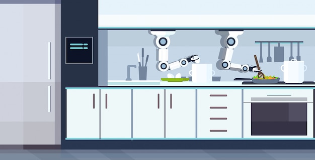 Robot pratico pratico del cuoco unico che prepara le uova fritte e la frittata assistente robotico innovazione tecnologia concetto di intelligenza artificiale moderna cucina interno orizzontale