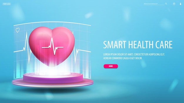 Smart health care blue banner with interface elements and 3d heart on pink podium