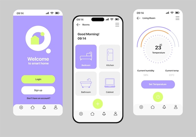 Smart home app concept in plat ontwerp Een set schermen met een afbeelding van een smart home control app