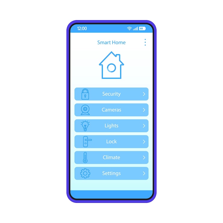 Vector smart home app interface vector template. mobile app interface blue design layout. home automation system. domotics. flat ui. phone display with smart house applications and technologies list