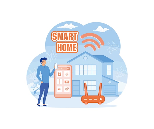 Smart home application program on smartphone for security camera electric appliance or device control home automation for monitoring or management in the buildings flat vector modern illustration