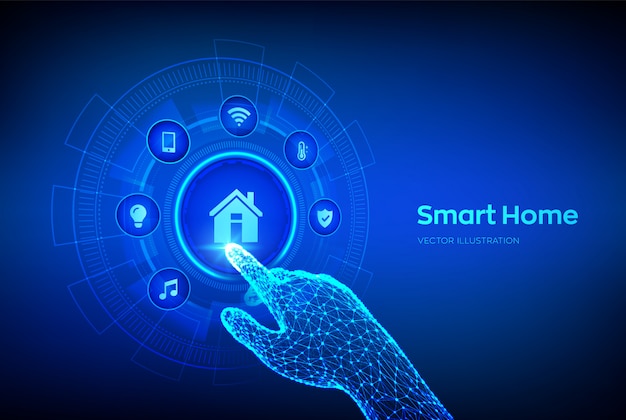 Smart home. automation control system concept on a virtual screen. robotic hand touching digital interface.