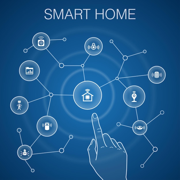 Smart home concept, blue background.motion sensor, dashboard, smart assistant, robot vacuum icons