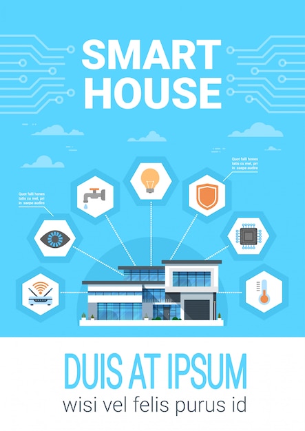 Sistema di casa moderna di infographics di concetto domestico astuto di concetto con l'insegna centralizzata delle icone di controllo