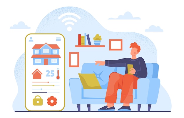 Vettore smart home concept uomo con app per smartphone per il controllo remoto del sistema di raffreddamento connessione wireless