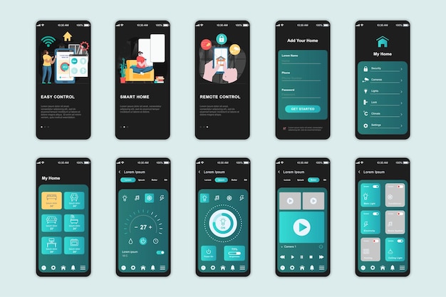 Smart home concept screens set for mobile app template UI UX GUI user interface kit
