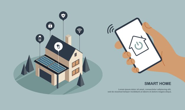 벡터 스마트폰으로 스마트 홈 컨트롤 무선 wi-fi 연결 및 하우스 기술 휴대 전화
