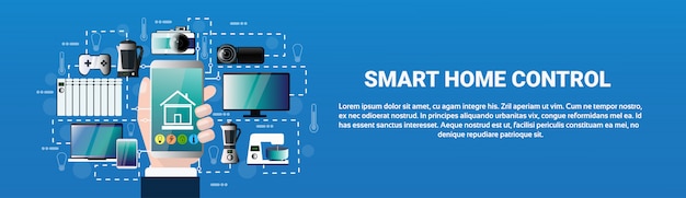 smart home control system hand hold smartphone application devices automation concept modern