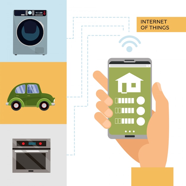 Smart home en internet van dingen concept. man met smartphone in de hand en bestuurt smart home-apparaten zoals wasmachine, auto, fornuis. geïsoleerde vlakke afbeelding