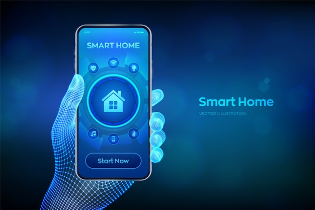 Smart home. Futuristic interface of smart home automation assistant on a virtual screen. Closeup smartphone in wireframe hand.