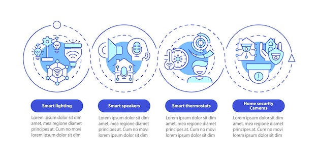 Modello di infografica cerchio blu ingranaggio per la casa intelligente telecamere di sicurezza visualizzazione dei dati con 4 passaggi grafico delle informazioni sulla sequenza temporale del processo layout del flusso di lavoro con icone di linea una miriade di caratteri probold utilizzati regolarmente