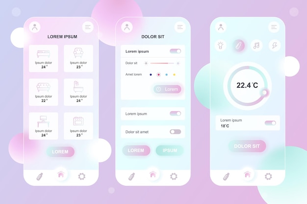 Smart home glassmorphic design neumorphic elements kit voor mobiele app ui ux gui-schermen set