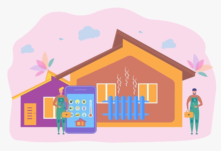 Vector smart home heating with a smartphone workers are repairing a heating system home heating technology home energy saving concept colorful vector illustration