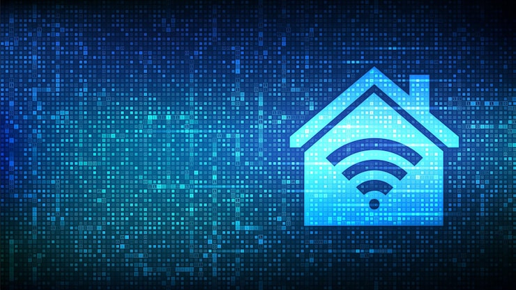 Vector smart home icon made with binary code automation control system concept smart home automation assistant binary data streaming digital code matrix background with digits 10 vector illustration