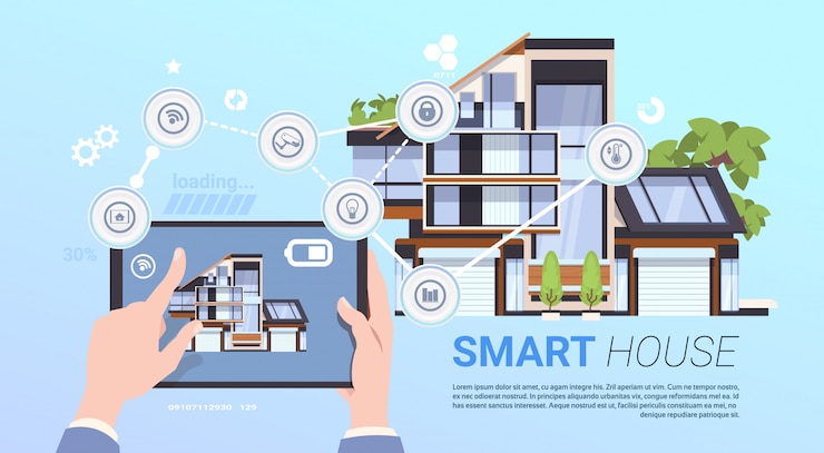Vector smart home management concept with hands holding tablet device