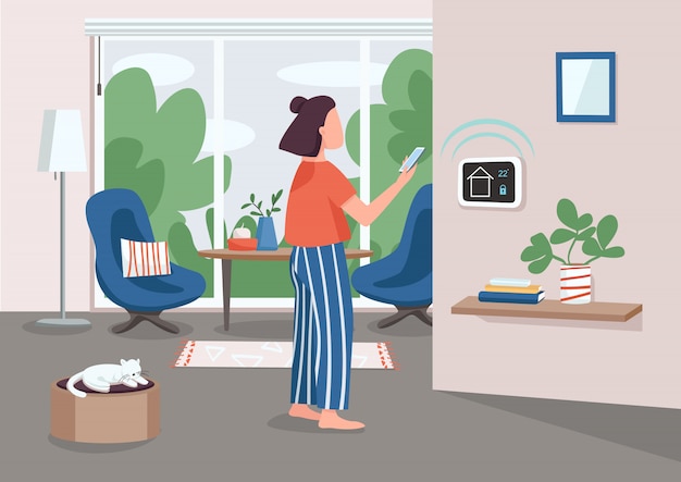 Smart home management panel flat color illustration. young woman using smartphone 2d cartoon character with automated apartment on background. iot technology. domestic appliances remote control