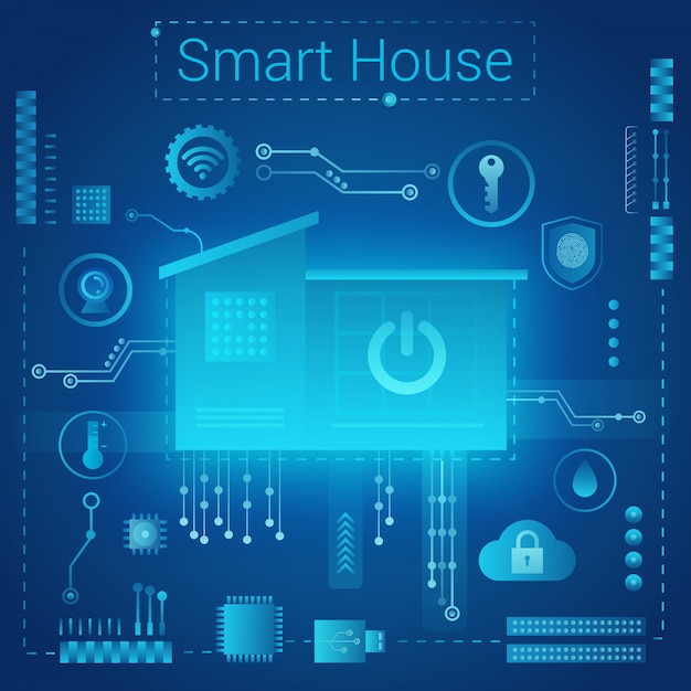 Smart home moderno concetto di stile leggero absract. casa intelligente in background futuristico percorsi microchip. tecnologia internet of things iot.