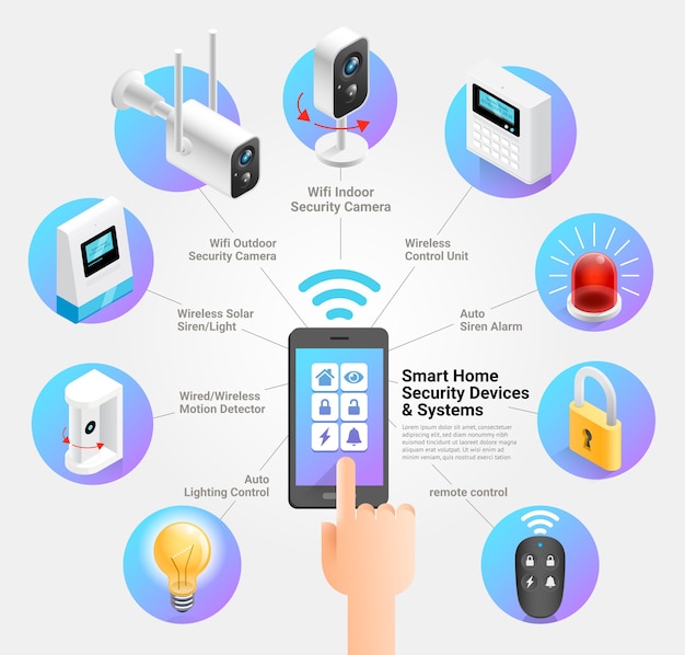 Illustrazioni di dispositivi e sistemi di sicurezza domestica intelligente