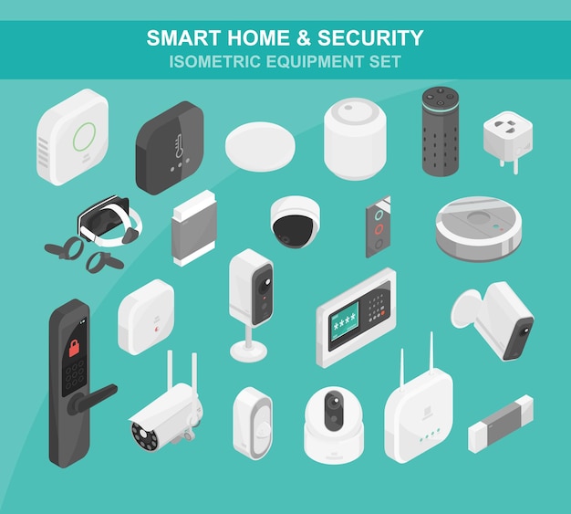 smart home and security equipment items cctv camera wireless home assistant appliance isometric set