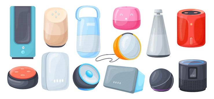 Vector smart home speaker wireless speakers connected voice assistant control room audio system interacting network iot loudspeaker listening sound command neat vector illustration
