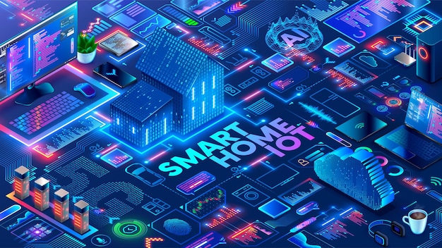 スマートホームシステム - オブジェクトの自動化と無線インターネットによる制御 5G インテリジェンスアルゴリズムの開発とプログラミング スマートハウス スマート ホーム テクノロジー イソメトリックコンセプト