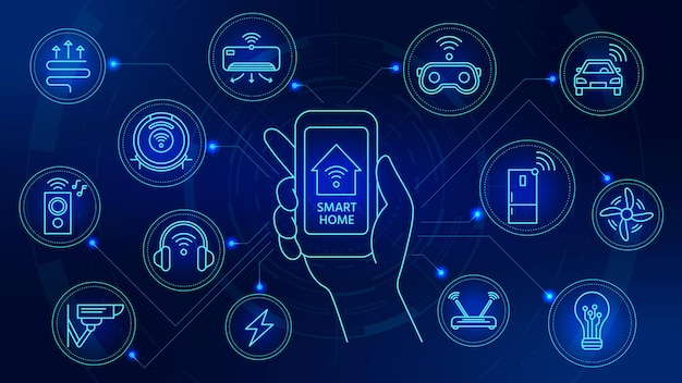 Smart home technology. connected devices with smartphone app control. internet of things automation system with digital icons vector concept. illustration smartphone house, smart security app