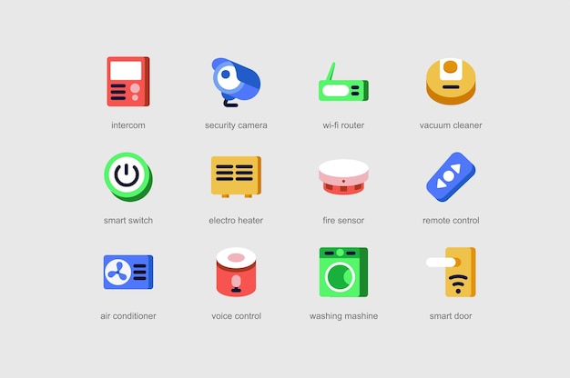 플랫 디자인으로 설정된 웹 아이콘의 스마트 홈 인터콤 보안 카메라 wi fi 라우터 팩