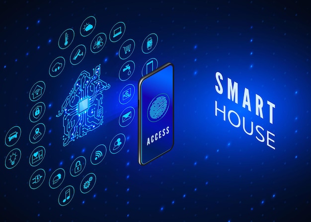 Vector smart house concept. mobile phone monitoring and controls all smart system in house.
