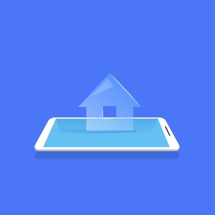 Vector smart house icon mobile home control application blue background flat vector illustration
