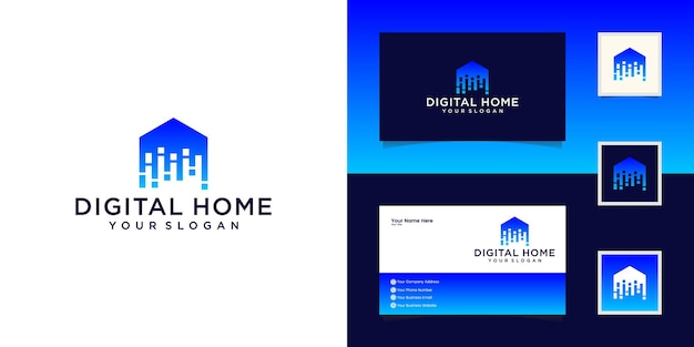 スマートハウスのロゴのデザインテンプレート。ベクトル記号を作成します。ホームデジタル電子技術と名刺