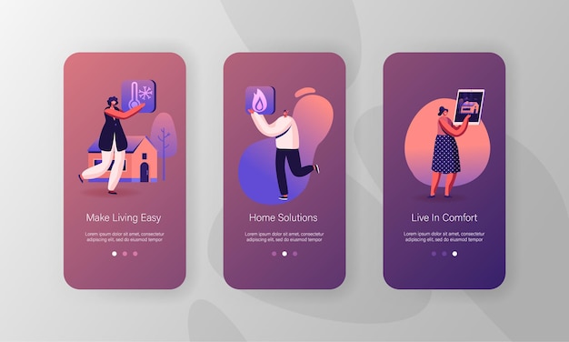 Vector smart house mobiele app-pagina schermset aan boord.