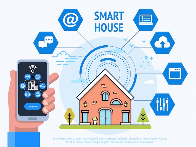 Vector smart house technology, menselijke hand met smartphone met besturingssysteem-app,