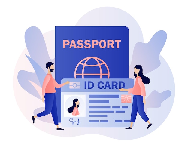 Smart ID card concept Tiny people and Biometric documents Digital passport and Driver license